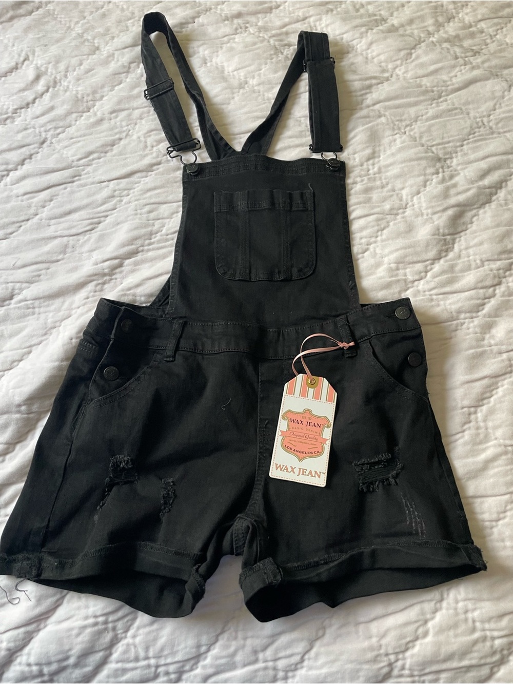 Wax Jean Black Denim Short Overalls with Front Patch Pocket